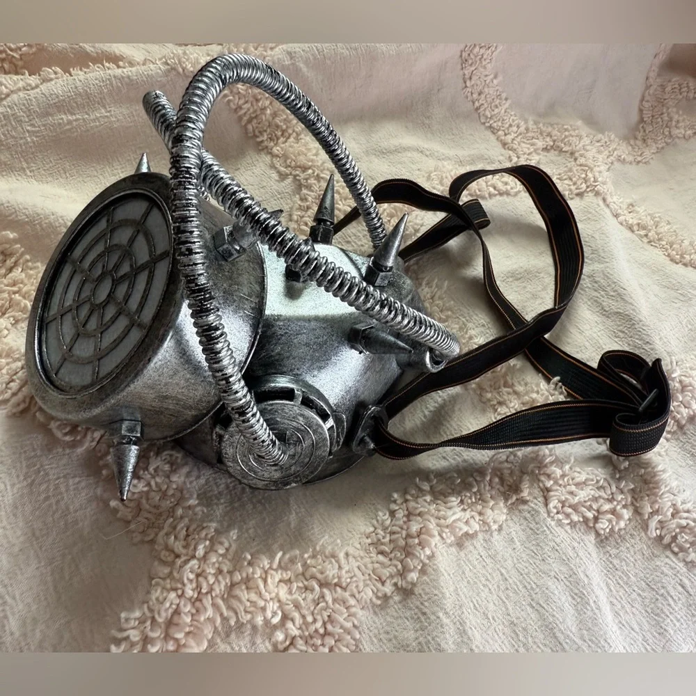 Silver Color Steampunk Respirator Mask with Spikes and Tubing